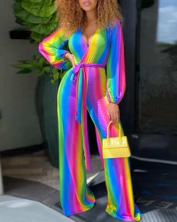 2022 Summer Woman's Jumpsuits Chic V-Neck Colorful Striped Print Lantern Sleeve Tied Detail Long Sleeve Fashion Long Jumpsuit