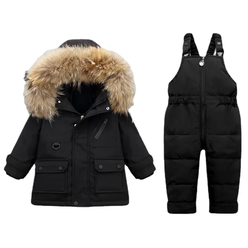 0-4 Years Fashion Children Winter Overalls Outwear Down Jacket Toddler Warm Parka Fur Hooded Coat Baby Girl Snowsuit Clothes Set