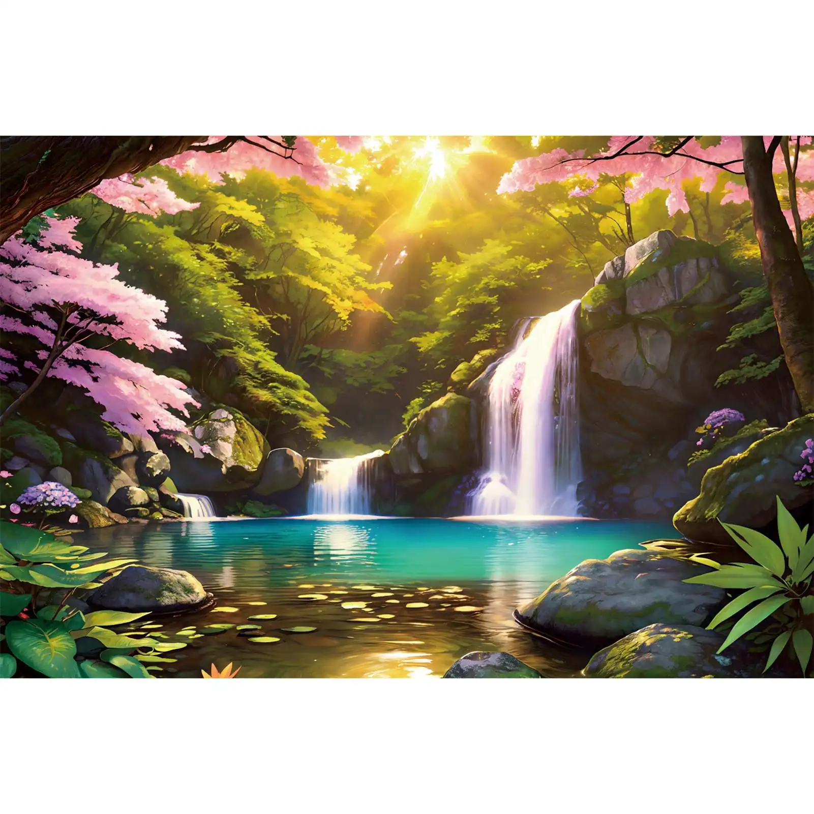 

Forest Waterfall Photography Backdrops Decorations Spring Cliff Pink Blossom Customized Baby Photo Backgrounds