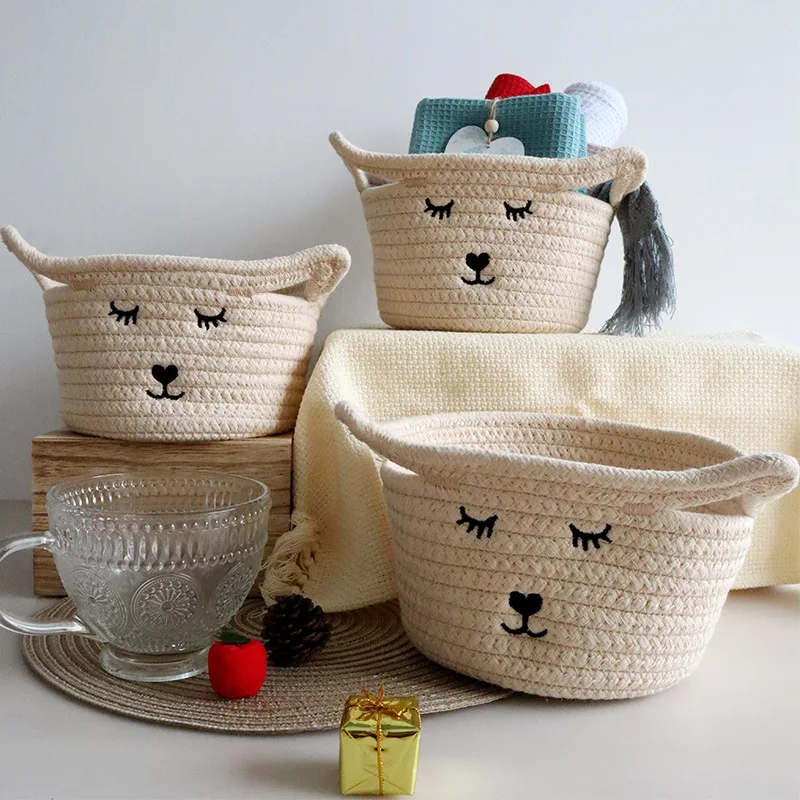 

Storage basket New storage basket hand-woven storage basket Children's toys home storage basket Cat ear embroidery table top