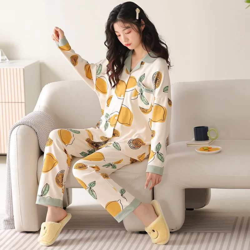Yasuk Spring Autumn Fashion Women Casual Soft Print Sleepwear Homewear Pajamas With Pants Sweet Fruits Lemon Girl Simple Cotton
