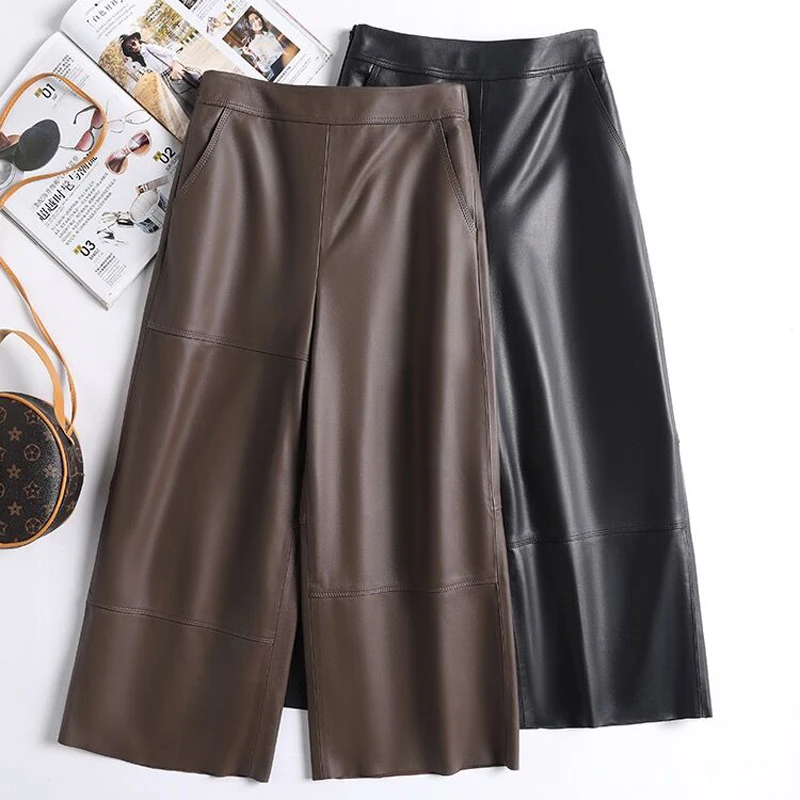 Genuine Leather Pants For Women Autumn/Winter Fashion Commuter Style Versatile Slim Line Design Wide Leg Straight Black/Brown