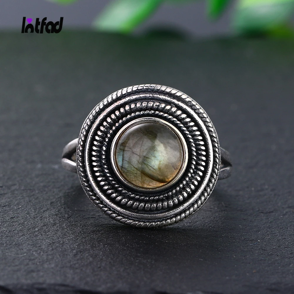 

Round 8MM Natural Labradorite Rings Women's Gemstone S925 Sterling Silver Ring Vintage Style Fine Jewelri