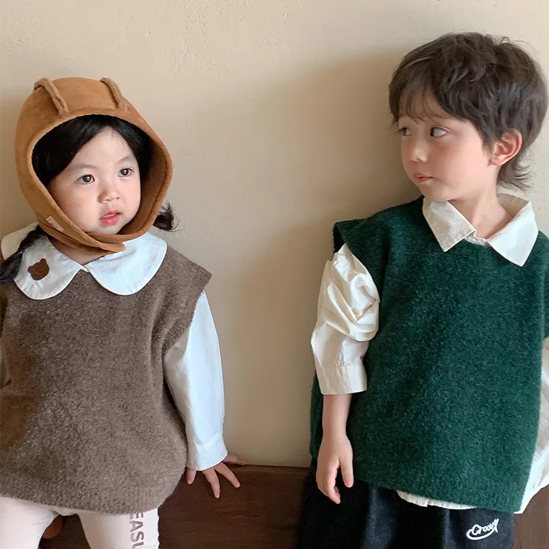 

Kids solid color sweater Boys casual knit Vest Girls sleeveless knitwear
