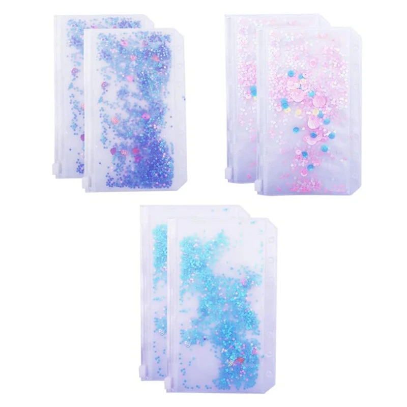 

6 PCS A6 Binder Pockets PVC Notebook Binder Glitter 6 Holes Binder Zipper Folders Quicksand 6-Ring Loose Leaf Binder