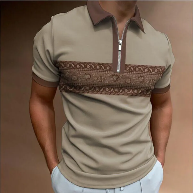 

Summer Fashion Men Polo Shirts High Quality Print Tees Casual Daily Short Sleeve Mens Shirts Lapel Zipper Patchwork Polo Shirts