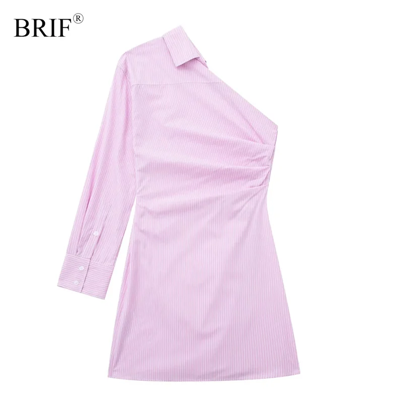 

Элегантное розовое Асимметричное мини-платье в полоску BRIF, новинка 2023, Повседневная Уличная одежда трапециевидной формы для девушек с длинным рукавом и высокой талией