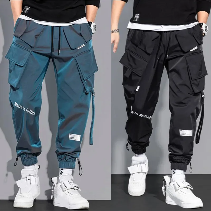 

Thin Streetwear Casual Pants Men Ribbons Harem Jogging Pants Male Slim Fit Spring Cargo Pants Multi-Pockets Women Trouser