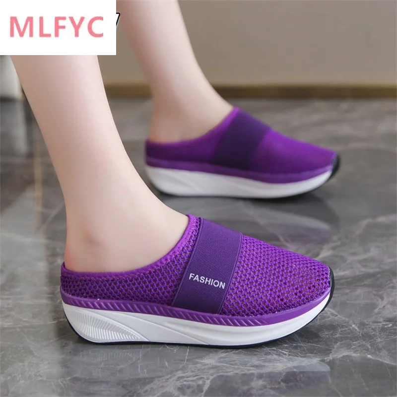 

2022 New Large Size Summer Sandals and Slippers Outer Wear Thick Sole Ladies Half Slippers Shaking Shoes Mesh Surface