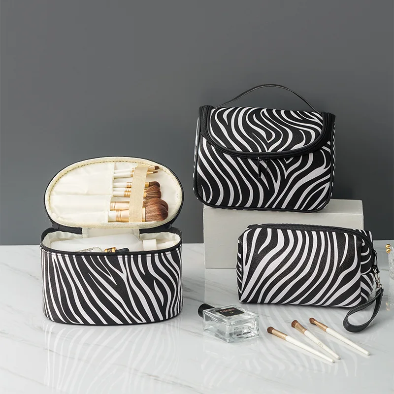 

PU Leather Zebra Pattern Cosmetic Bag Travel Storage Bag With Compartment Large Capacity Portable Cosmetic Case Makeup Bag
