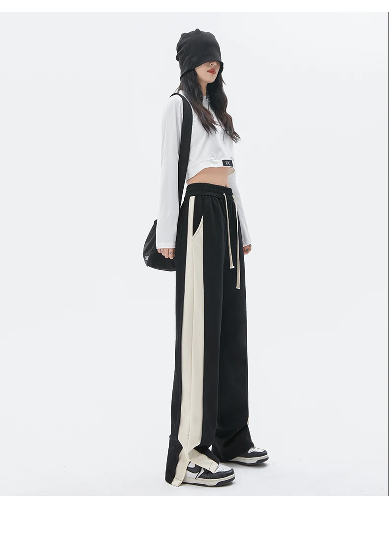 

Elastic waist Side Contrasting colors Splicing Split Sweatpants Sports Pants Loose Wide Leg Pants Straight Leg Pants female