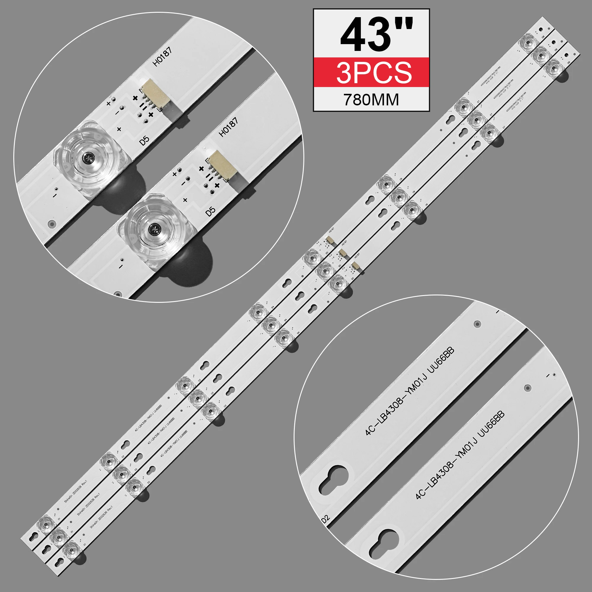 

3pieces/set New LED backlight strip 8 lamp for TCL 43"TV D43A810 L43F1B L43P1A-F 43HR330M08A2 V5 Shine0n 2D02636 DS-4C-LB4308-HR