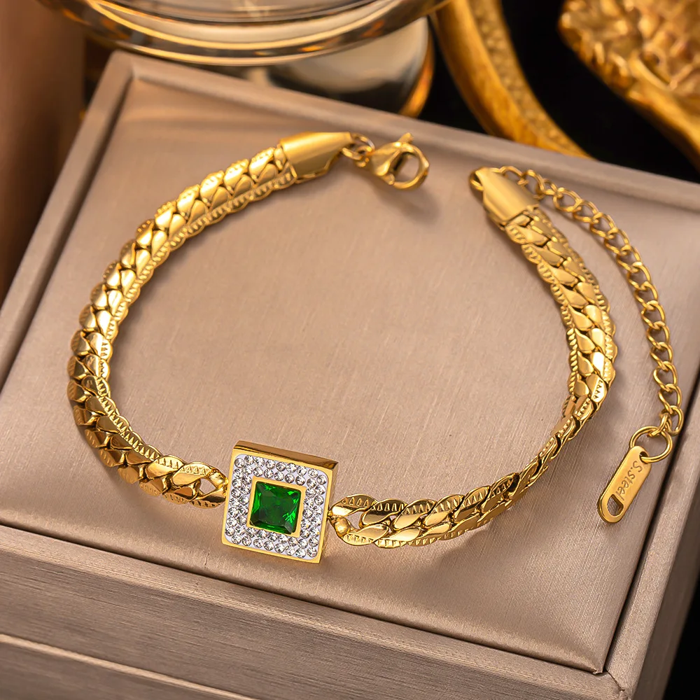 

316L Stainless Steel Charm Green Stone Zircon Bangle Bracelet For Women Acier Inoxidable Rustproof Wrist Jewelry Party Bijoux