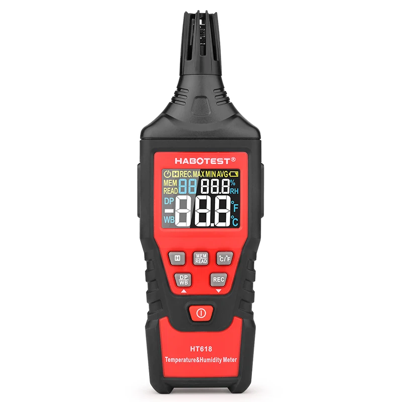 

HABOTEST HT618 Digital Temperature Humidity Meter Indoor Pyrometer Weather Station Monitor Wet Bulb Dew Point LCD Color Display