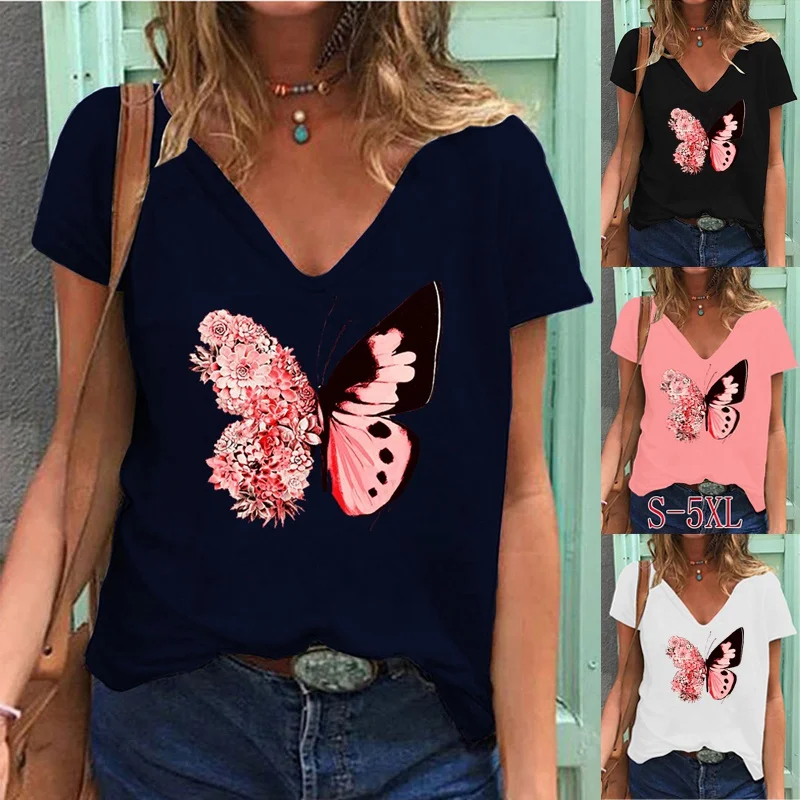 Women Summer Fashion Casual Butterfly Printed Short Sleeve V-Neck T-Shirt Loose Graphic Tops