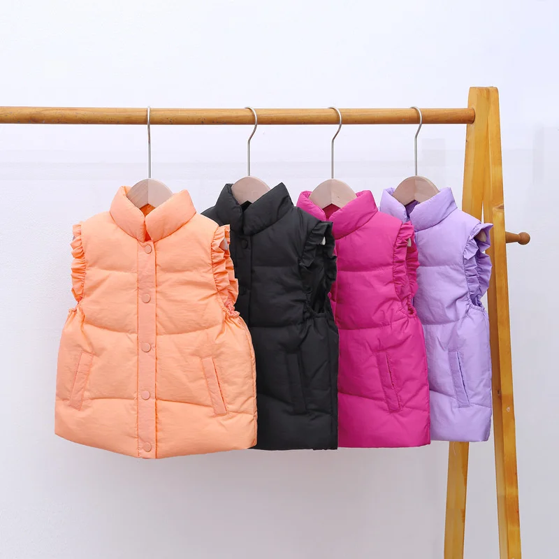 

Fashion Warmth Waistcoat Baby Girls Puffer Vest Ruffle Sleeve Lightweight Coats Kids White Duck Down Children Outerwear 3-8Y