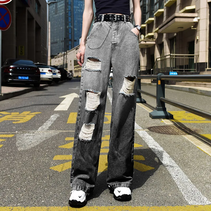 

Harajuku Y2K Gradient Color Ripped High Waist Jeans Women COZOK Retro Street Style Loose Casual Ladies Straight Trousers