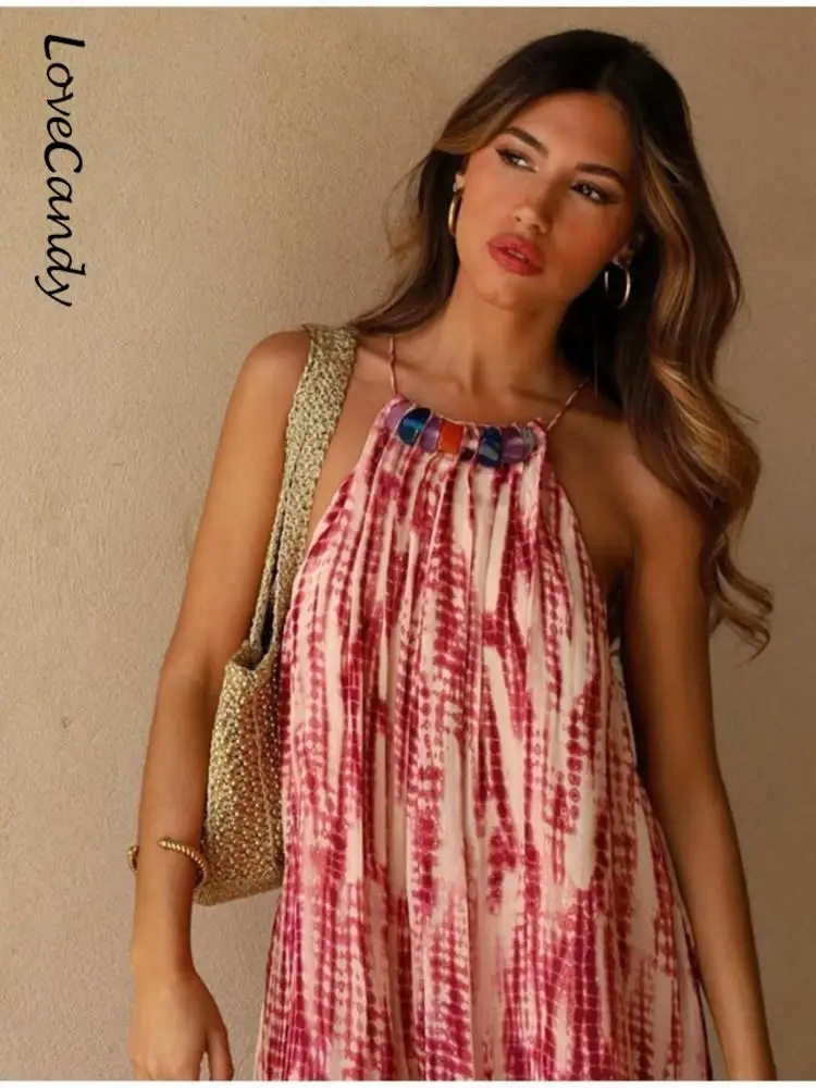 

Fashion Women Printed Hanging Neck Mini Dress Sexy Off Shoulder Sleeveless Backless Frock Summer Chic Female Beach Party Vestido