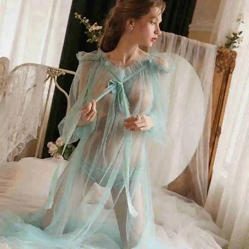 

Summer Lace Long Gowns Sexy Dress Bathrobe Women See Through One Piece Nightdress Long Sleeve Sheer Cosplay Nightwear Sleepwear