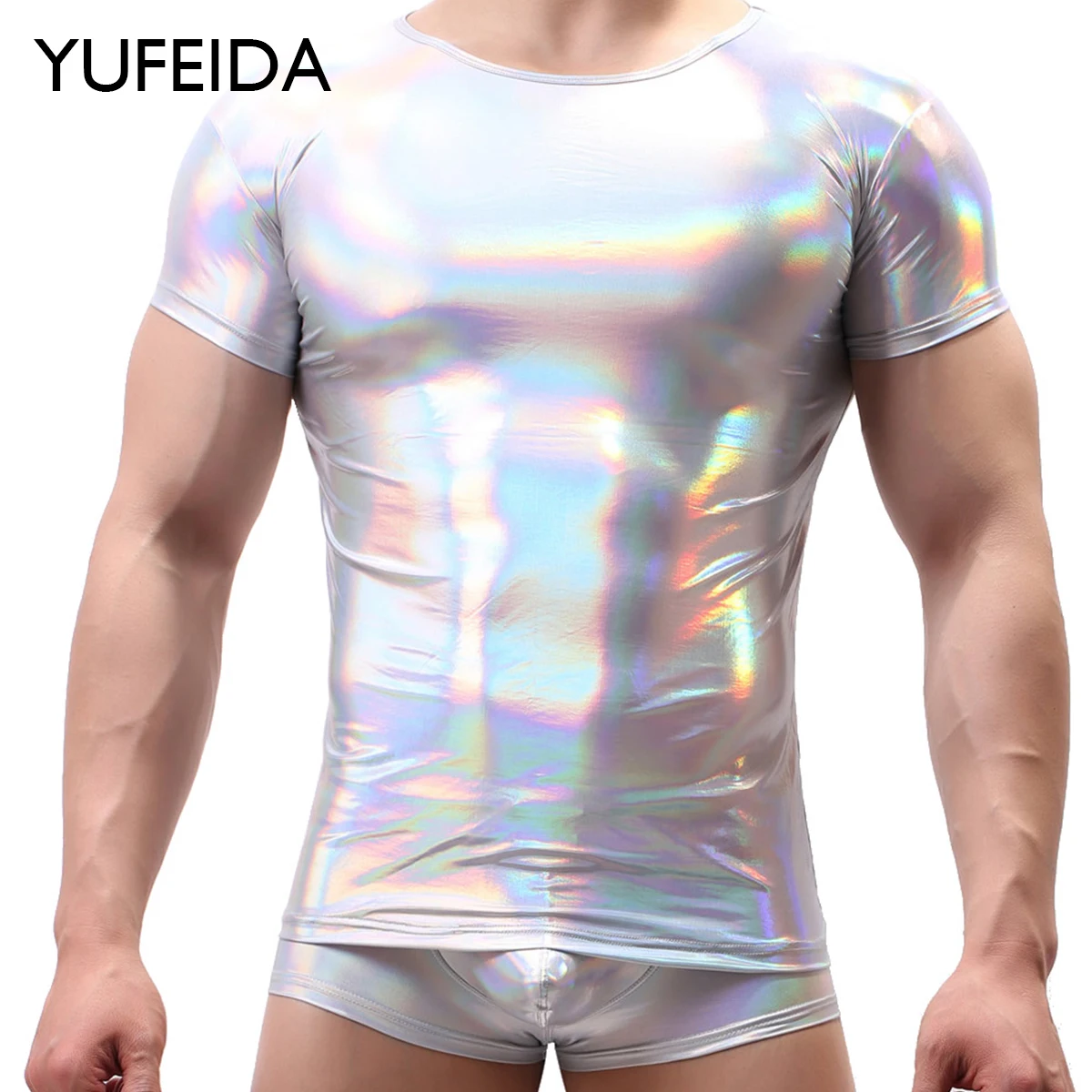 

YUFEIDA Sexy PU Leather Shiny T Shirt Boxers Shorts for Men Undershirt Perform Costume Shirt Mens Short Sleeve Faux Leather Tees