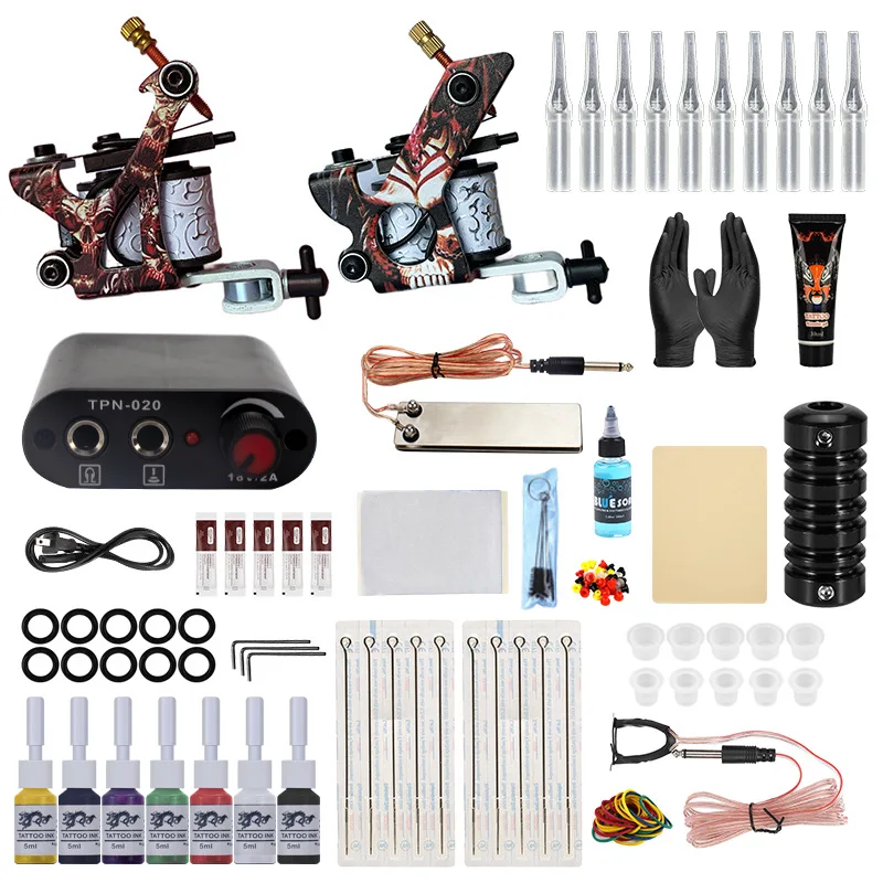 

Beginner Complete Tattoo Kit Machines Gun Black Ink Set Power Supply Grips Body Art Tools Set Permanent Makeup Tattoo set