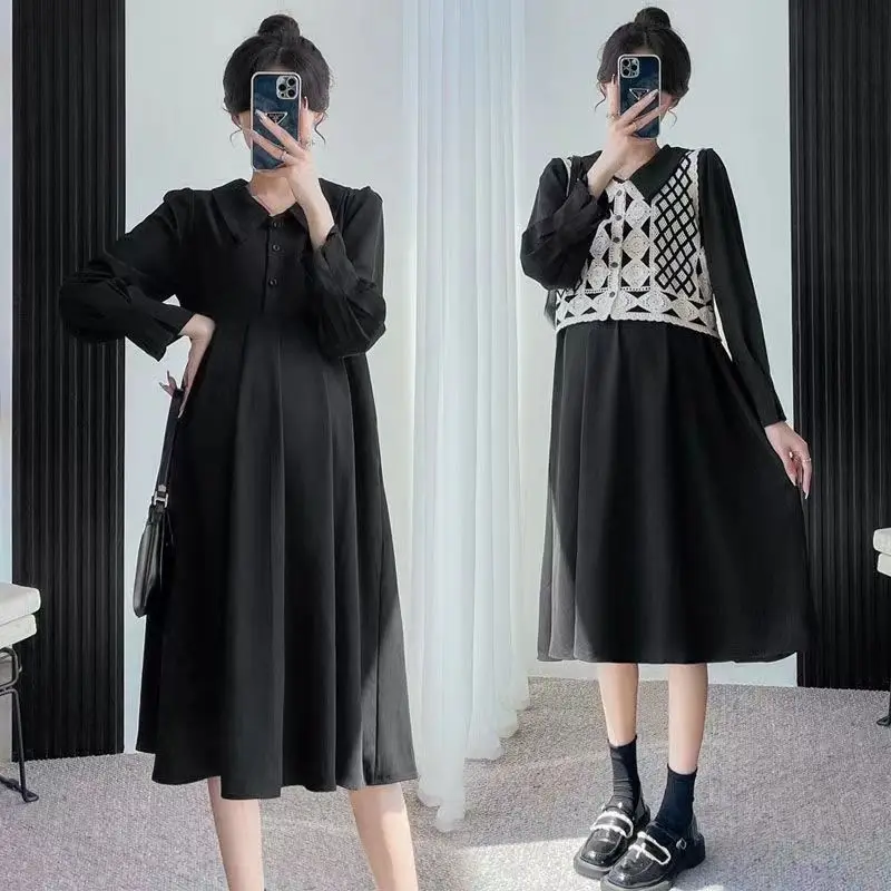 Maternity Dress Pregnant Women Bohemia Two Pieces Black Dress And Vest Nice Spring Autumn Clothes For Mother To Be Embarazada