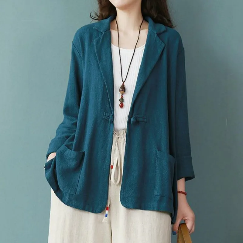 

Женский винтажный жакет оверсайз в японском стиле, повседневные хлопковые льняные пальто, однотонный свободный тонкий кардиган на одной пуговице для отдыха, Топ