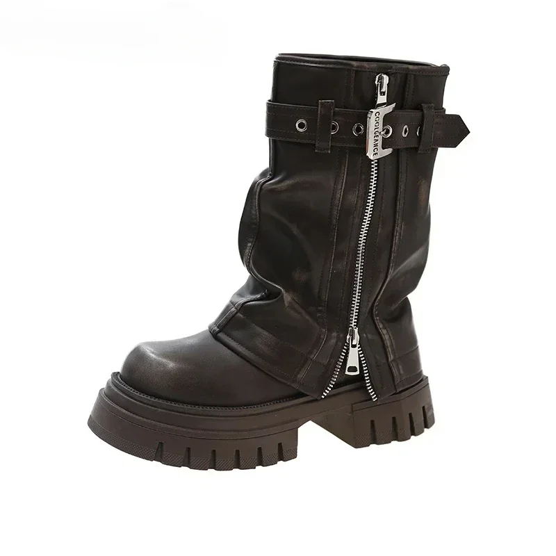 Сапоги женские до середины икры на платформе с боковой молнией рыцарские сапоги