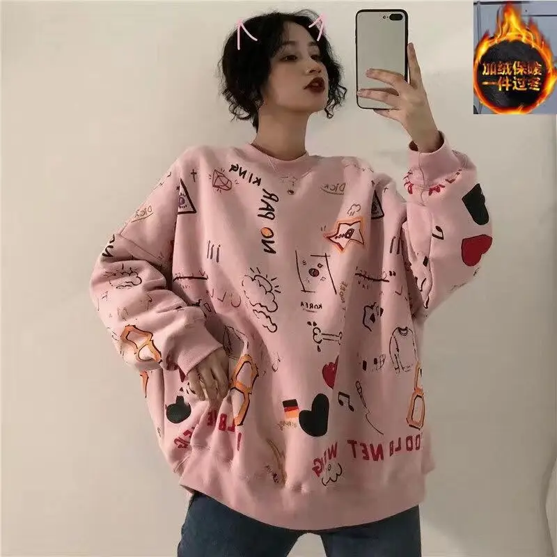 Autumn Winter 2021 New Women's Sweetshirts Korean Cartoon Print Casual Loose Long Sleeves Harajuku Hoodie Kawaii Couples Clothes