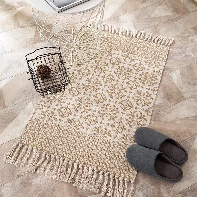 Ethnic Style Woven Linen Cotton Rectangle Rug Mat For Living Room Handmad Small Carpet Bedroom Bedside Foot Pad