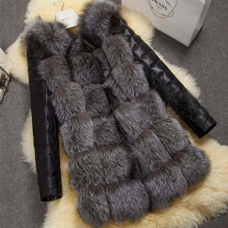 

Coat PU sleeve medium length fur for women