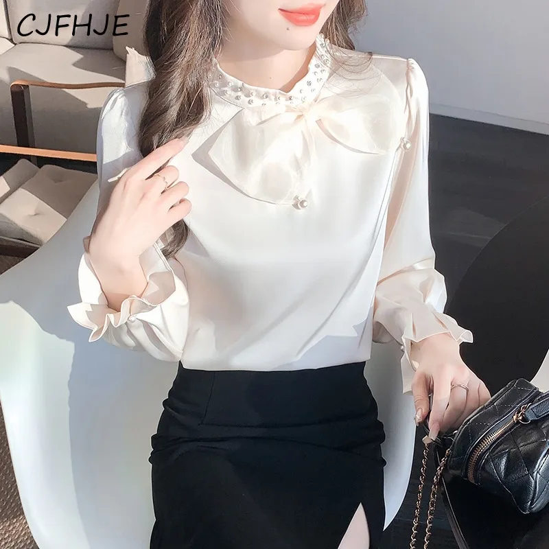 CJFHJE Женская однотонная шифоновая рубашка с вышивкой бисером и бантом на весну
