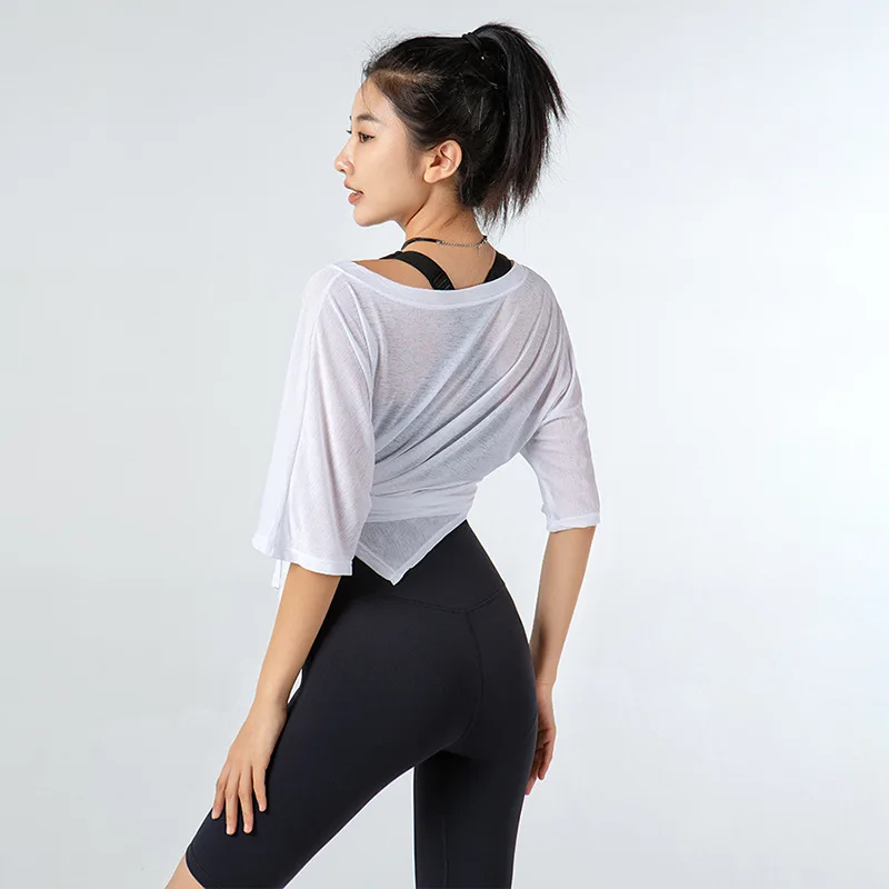 

Спортивная одежда средней длины, Женские топы для йоги с круглым вырезом, женская одежда, костюмы для бега, доступны 5 цветов, S22274