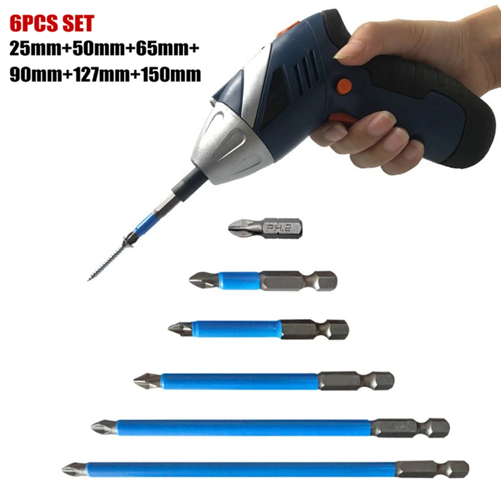 

6pcs 25-150mm Magnetic Screwdriver Bit Non-Slip Batch Head PH2 Cross Screwdriver Set 1/4" Hex Shank Bits Power Tool Parts