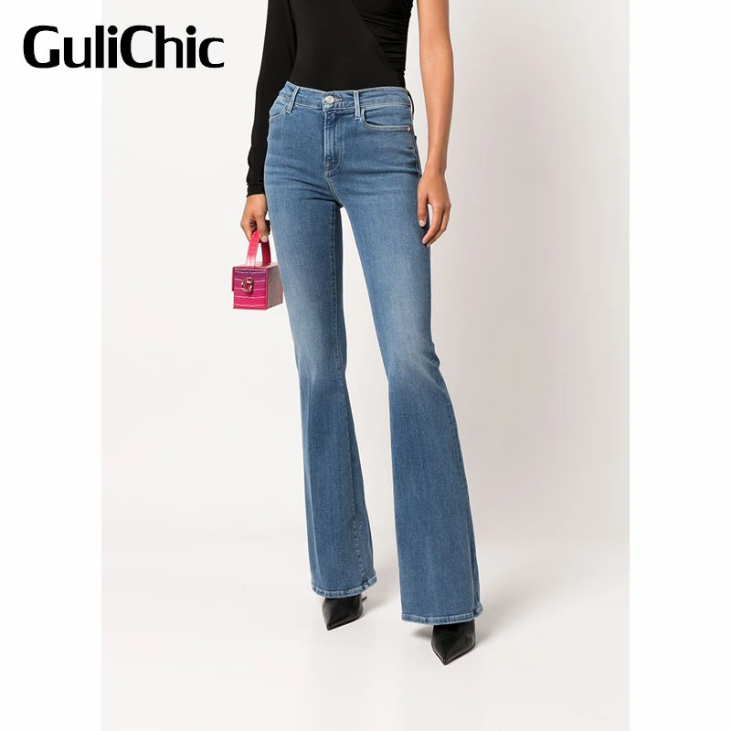 10.17 GuliChic Women Casual Comfortable Slim Washed Cotton Flared Jeans