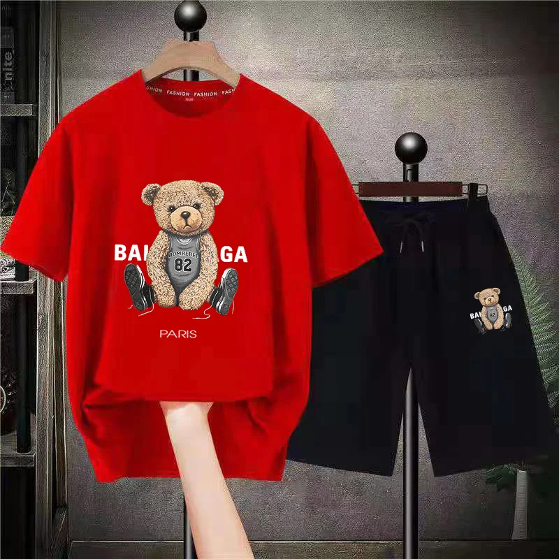Men Sets Luxury Summer Bear Fashion Graphic Short Sleeved Tees Suits Oversized Mens T-shirt Shorts 2 Piece Outfits Streetwear