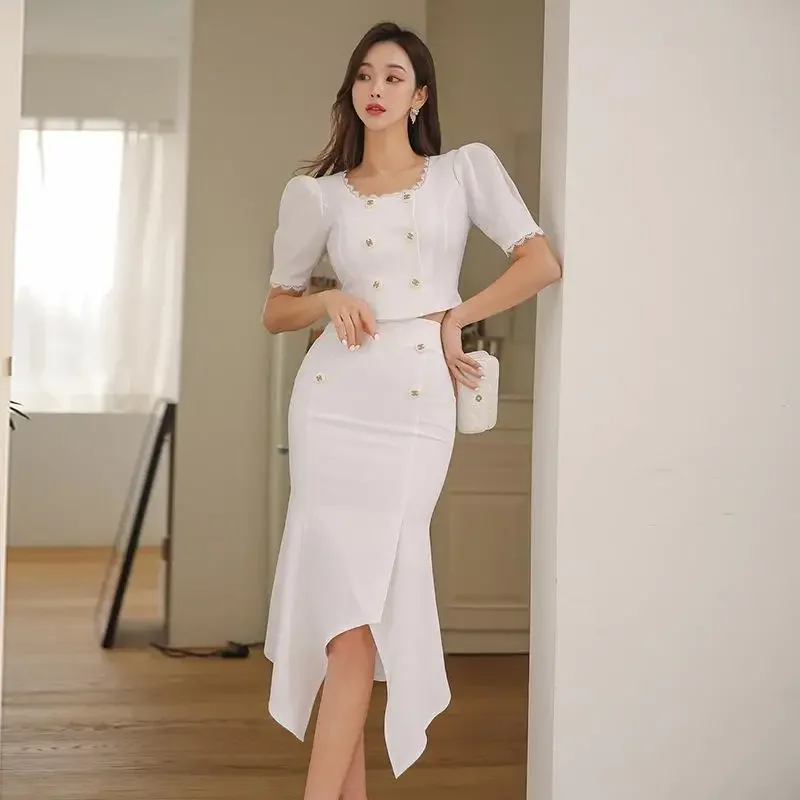 Лето 2023 новый светский стиль квадратный воротник-пафф кружевной укороченный топ