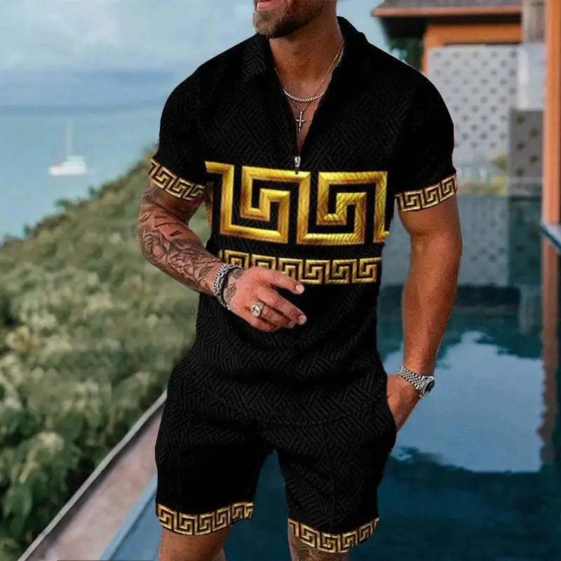 

Men's Zipper Polo Shirt and Shorts 2piece set Man Outfits 3D Pattern Short-sleeve Casual Oversized Tracksuits Polo t shirt Suits