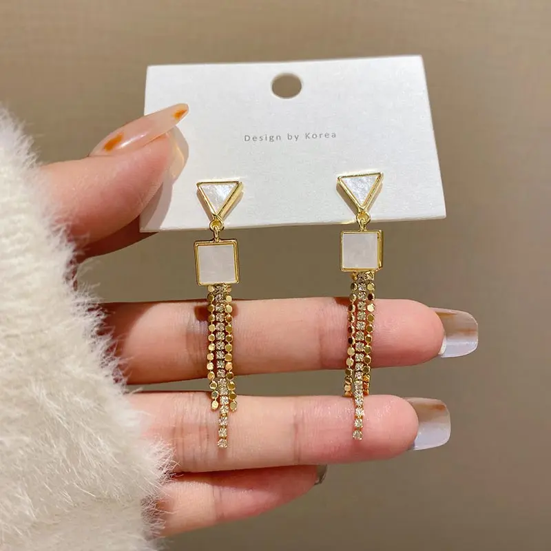 

Korean Style Shining Crystal Long Tassel Earrings for Women Geometric Golden Earring Female Wedding Jewelry Accessories Gifts