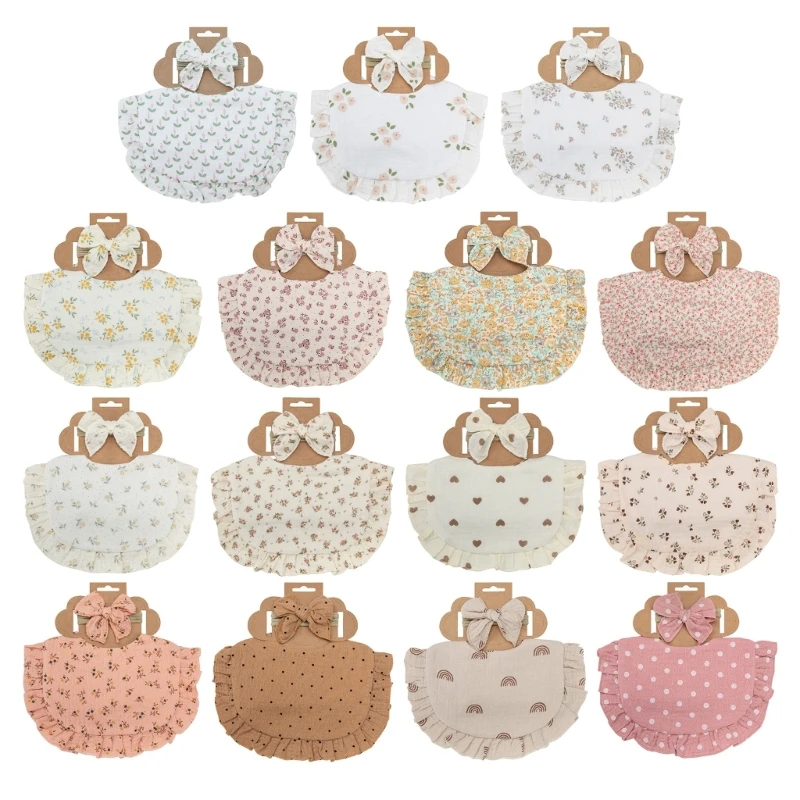 

Комплект из 2 нагрудников и повязок на голову для младенцев, хлопковый слюнявчик, слюнявчик, тканевый слюнявчик из муслина H37A