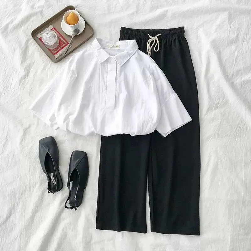 

New Women 2022 Summer Set Female Lapel Short-sleeved Shirt + Wide-leg Pants Casual Trousers Two-piece Suit Fashion Sets M11