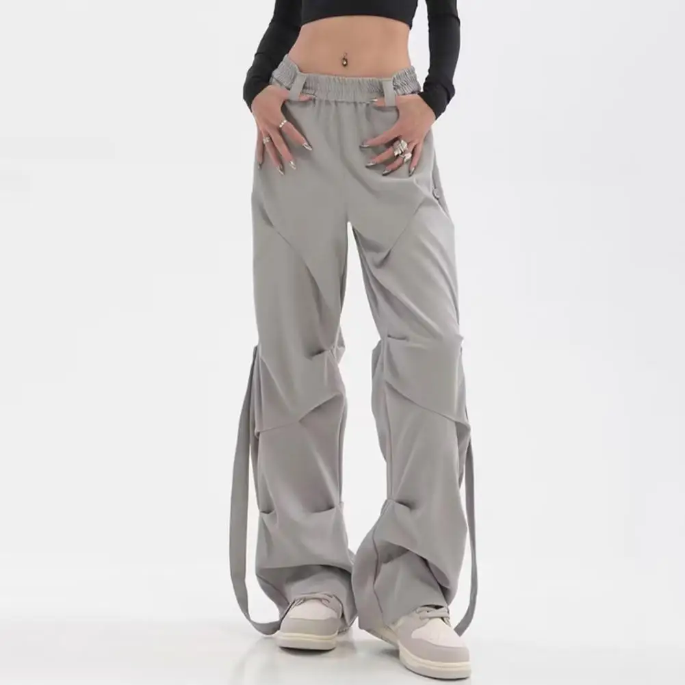 Retro High Street Women Cargo Pants Buttons Straps Design Straight Women Pants Wide Leg Pleated Elastic Waist Long Pants