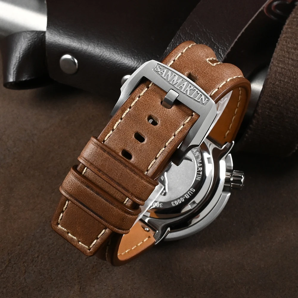 San Martin Watch Parts Leather Strap 22mm TUNA 003 Watch Accessories Bands Stainless Steel Buckle