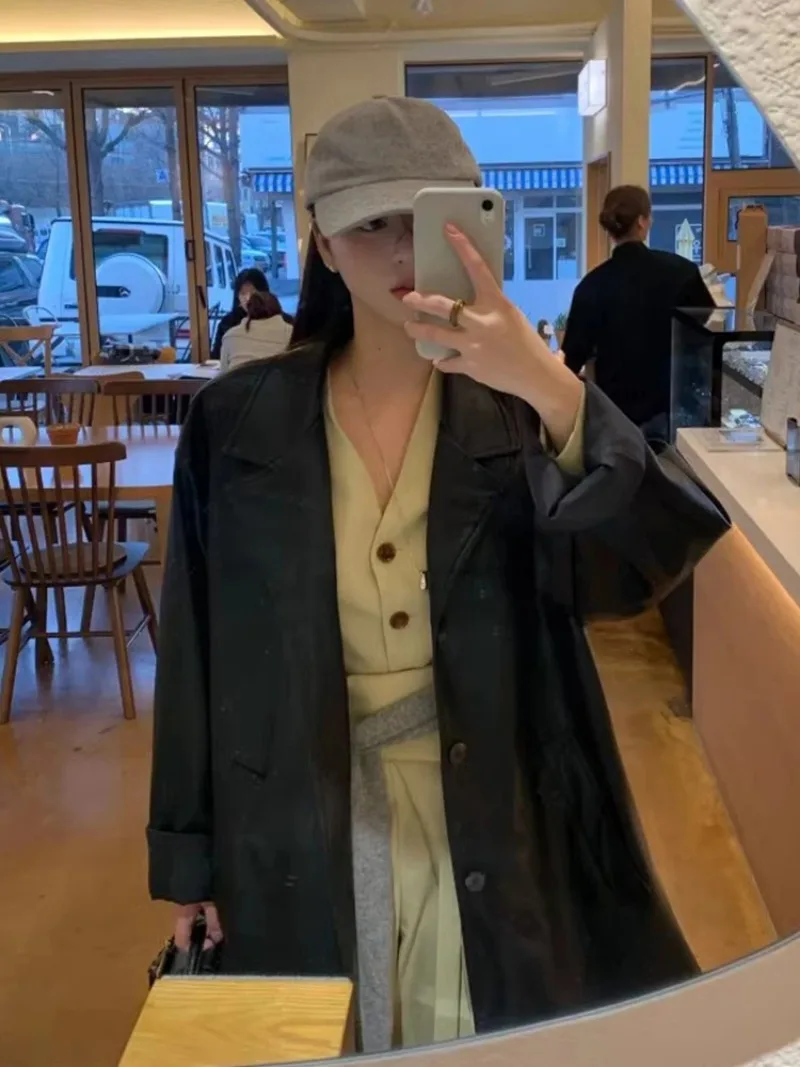 Женская винтажная куртка с длинным рукавом из ПУ кожи