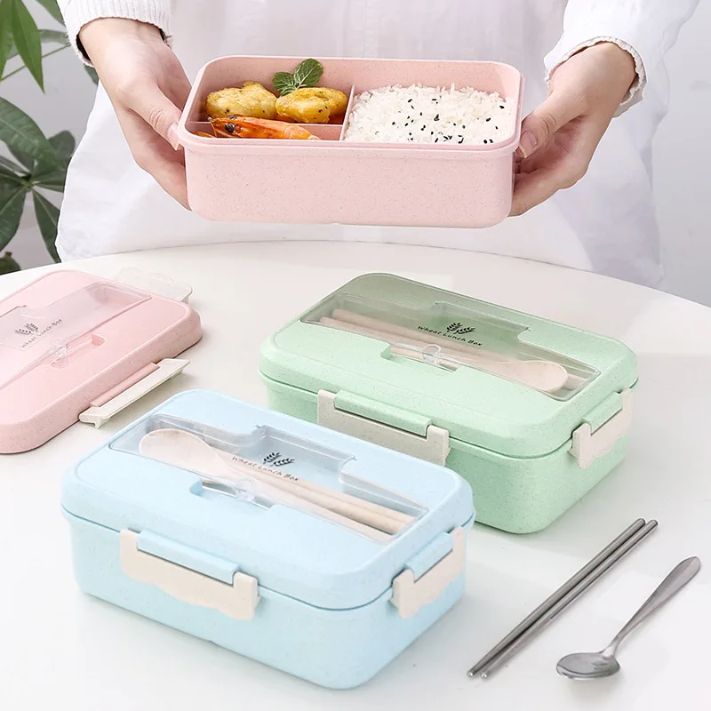 

Microwave Lunch Box with Spoon Chopsticks Wheat Straw Food Storage Container for Children Kids School Office Bento Box