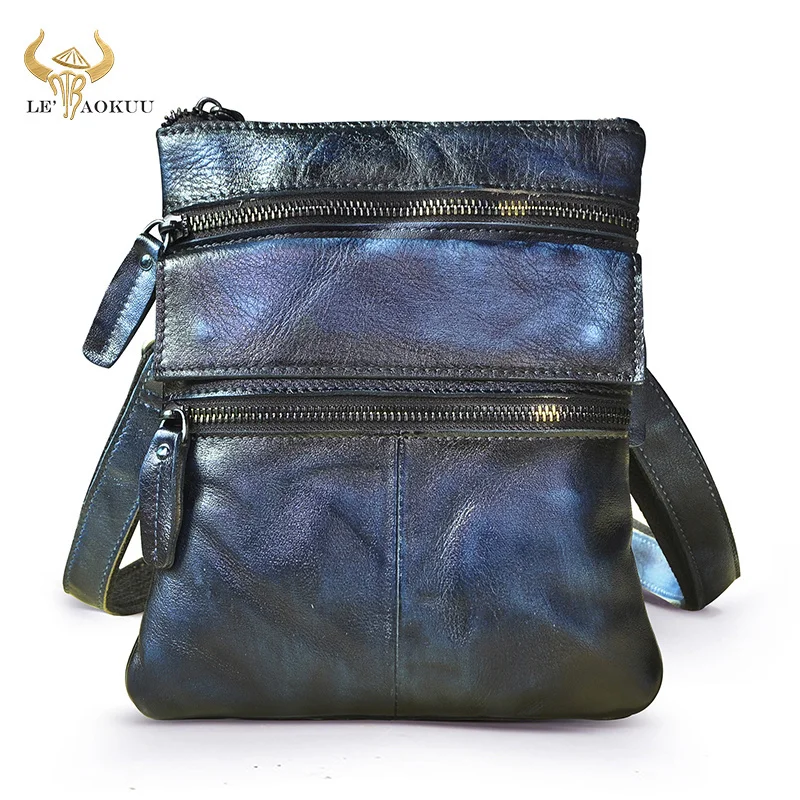 

Brand Natural Leather Male Design Fashion Blue Shoulder Messenger bag Cross-body Bag 8" Tablet School University Student bag 302