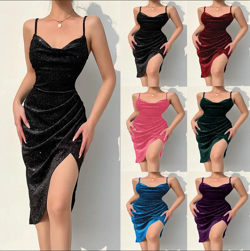 

2022 Summer New Sexy Women Dress Velvet Solid Color Glittering Material Split Fold Suspender Irregular Party Dress