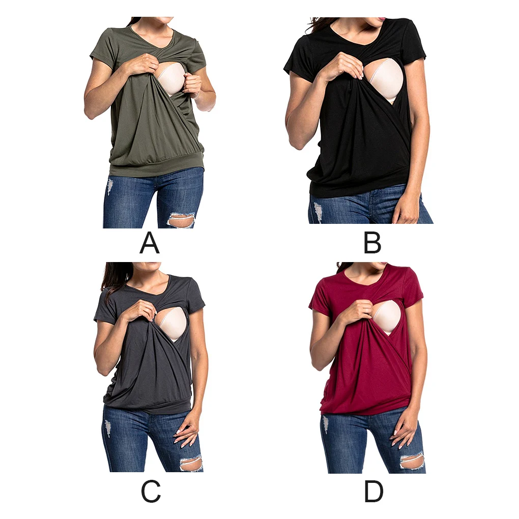 

Women T-shirt Short Sleeve Nursing Top Round Neck Breastfeeding Cloth Black S