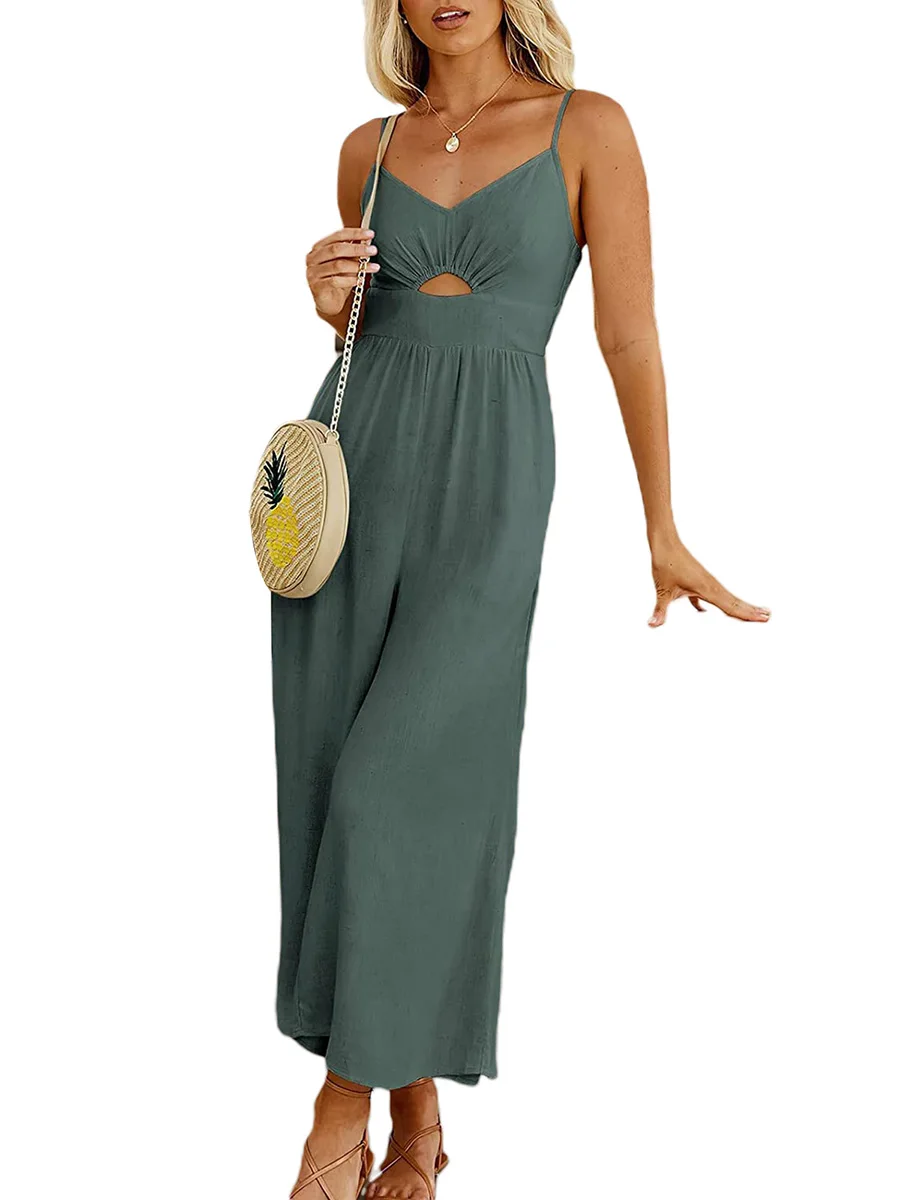 

Женский льняной комбинезон на бретельках, повседневный комбинезон с вырезами, однотонный комбинезон с широкими штанинами и карманами для д...