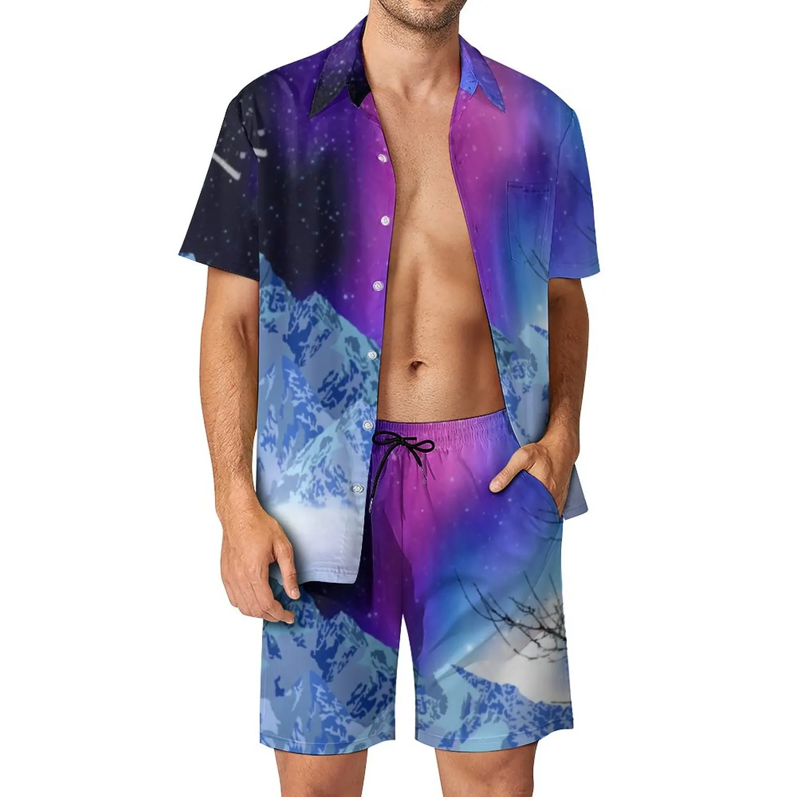 

Mountains Northern Lights Men Sets Wonderlights Trending Casual Shirt Set Short Sleeve Shorts Summer Beachwear Suit Big Size